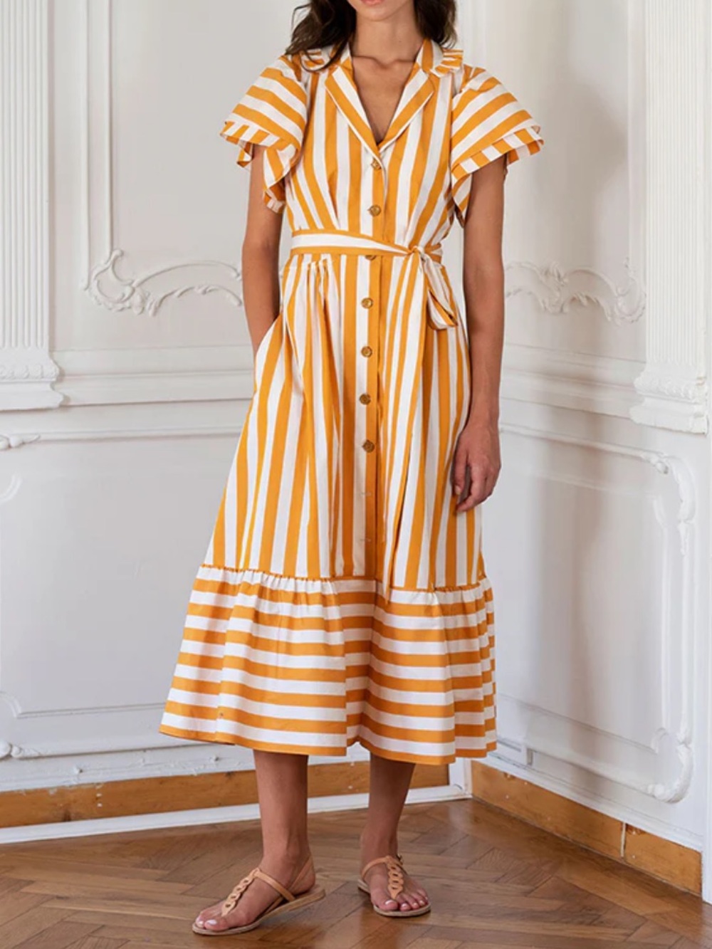 Evi Grintela Large Yellow Cabana Stripe Ruffled Shirt Dress w Pockets